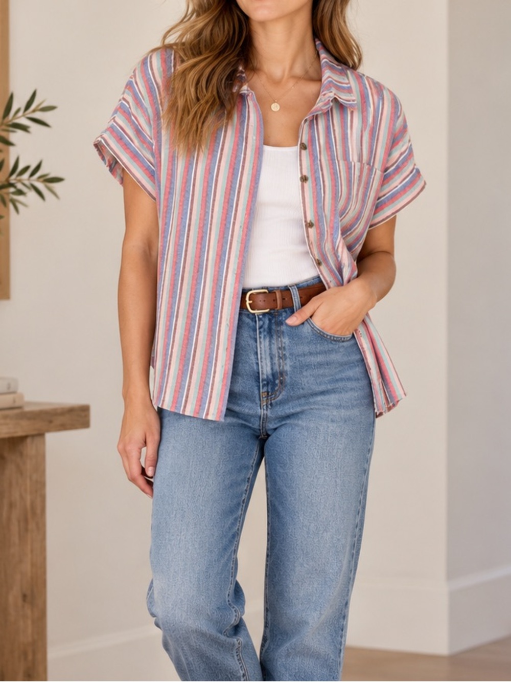 Marine Layer Multicolor Pink & Blue Striped Short-Sleeve Button-Up Shirt